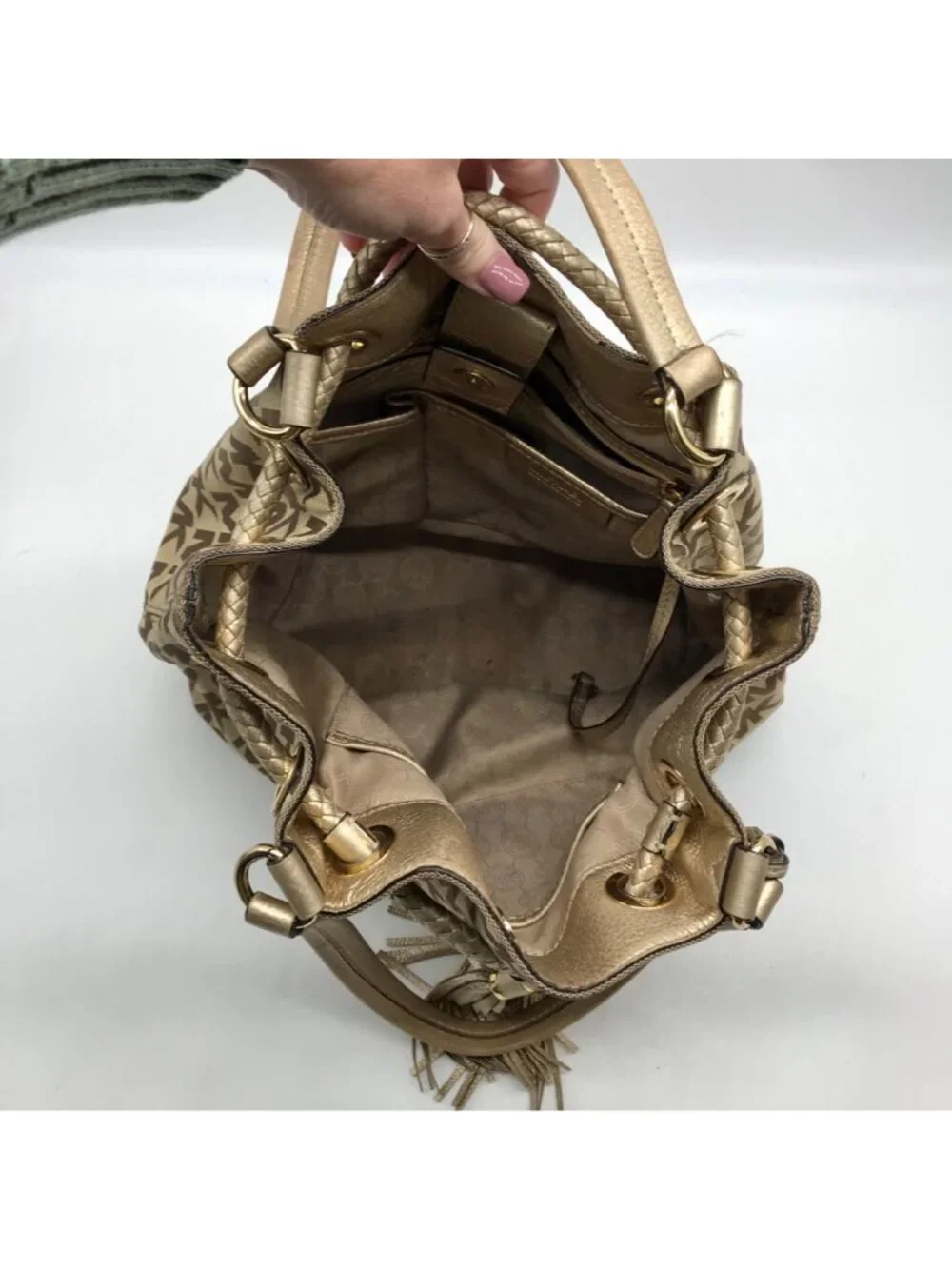 Michael Kors Brown & Gold Monogram Canvas Gathered Jet Set Tote Bag